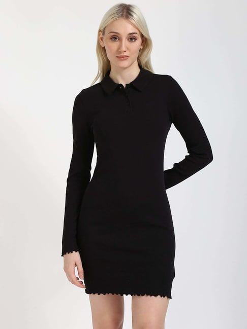 Tommy Hilfiger Black Cotton Solid A-Line Dress