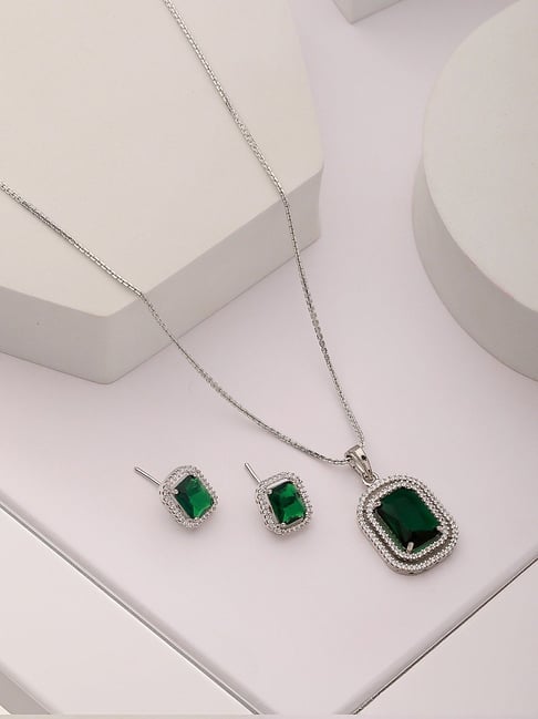 Saraf RS Jewellery Silver Toned Emerald Green AD Studded Rectangular  Pendant Earrings Set