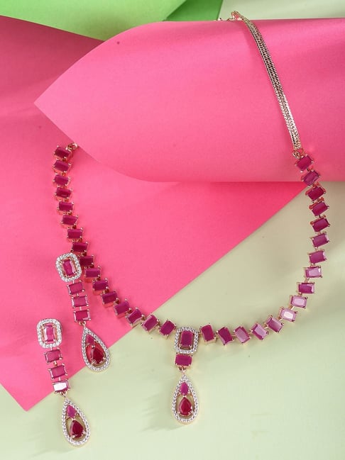 Saraf RS Jewellery Rose Gold Toned Ruby Pink AD Studded Minimal Jewellery Set-picture-25
