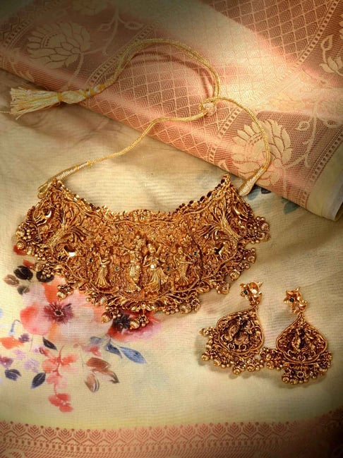 Saraf RS Jewellery Gold Polish Red Stone Enchanting Radha Krishna Choker Jewellery Set