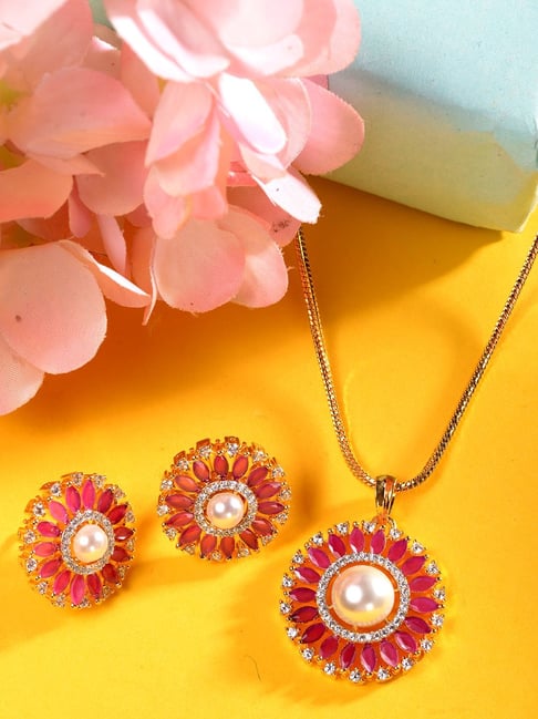 Saraf RS Jewellery Gold Plated Red AD & Pearl Studded Pendant & Earrings Set-picture-31