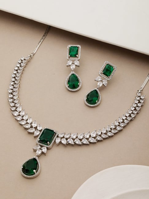 Buy Silver Plated Green Zircon Minimal Necklace Online At Best