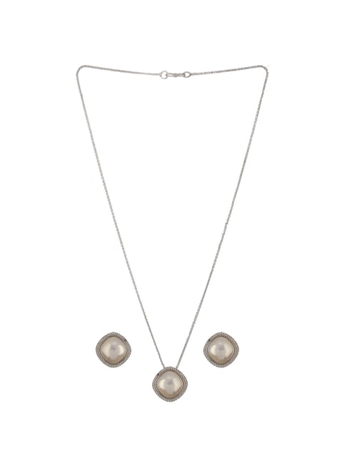 Saraf RS Jewellery Silver Plated Soth Sea Square Pearl AD Minimal Pendant & Earrings Set-image-43