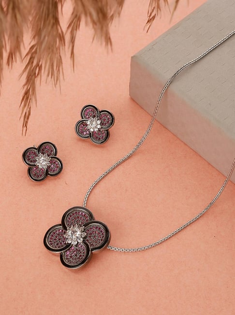 Saraf RS Jewellery Silver Plated Red AD Studded Floral Designer Pendant & Earrings Set-picture-29