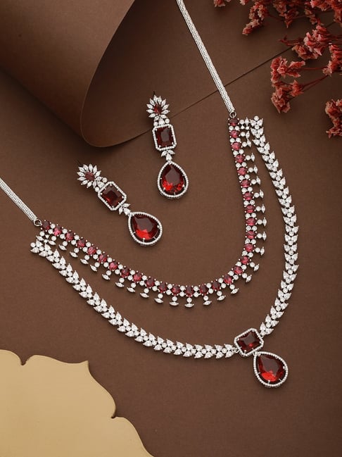 Saraf RS Jewellery Silver Plated Red Ruby Studded Double Lined Modern  Bridal Jewellery Set