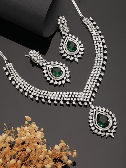 Saraf RS Jewellery Silver Toned Green Emerald Studded Designer Bridal  Jewellery Set