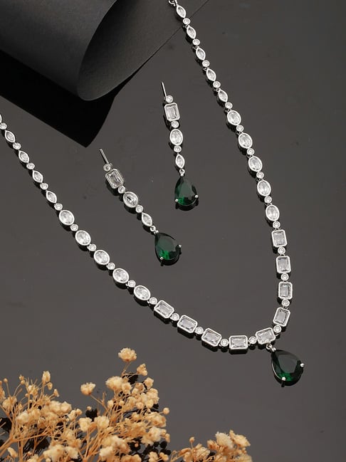 Buy Silver Toned Emerald Green Zircon Studded Minimal Necklace