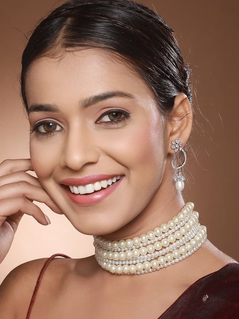 Buy Pearl Beaded 7 Layered Minimal Luxe Choker with AD Earrings