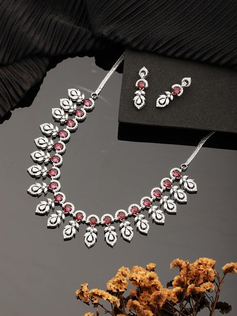 Saraf RS Jewellery Silver Plated Ruby Red AD Studded Elegant Floral Designer Delicate Jewellery Set-picture-28