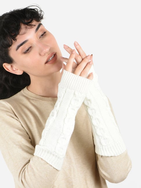 ToniQ Women White Textured Wollen Gloves