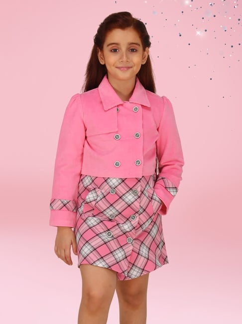 Cutecumber Girls Pink Polyester Checks Mini Dress with Jacket-picture-14