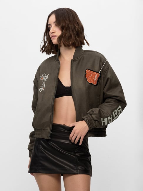 The Souled Store Olive Oversized Embroidery Casual Jacket