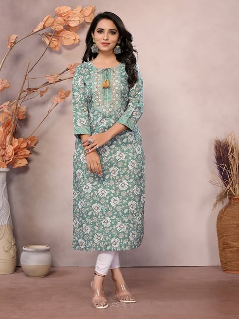 Rangita Green Cotton Embroidered 3/4th sleeve Kurta-picture-19