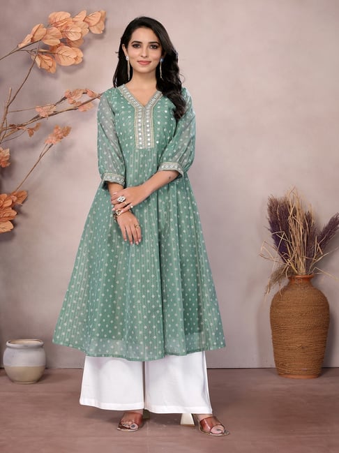 Rangita Green Chanderi Embroidered 3/4th sleeve Anarkali Kurta-picture-32