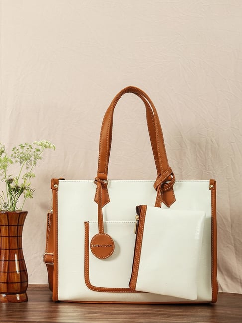 Bagsy Malone White Tan Textured Medium Tote Handbag with