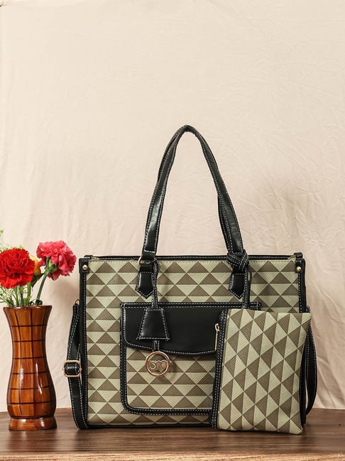 Bagsy Malone Grey & Black Textured Medium Tote Handbag with Pouch-picture-21