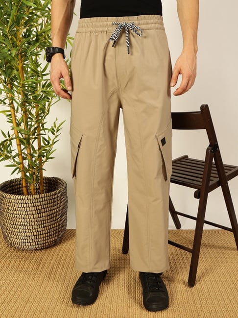 Thomas Scott Beige Cotton Loose Fit Solid Cargo Trousers - Main Image
