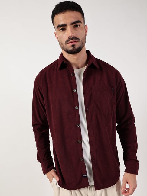 Thomas Scott Wine Relaxed Fit Self Design Corduroy Casual Shirt-picture-48