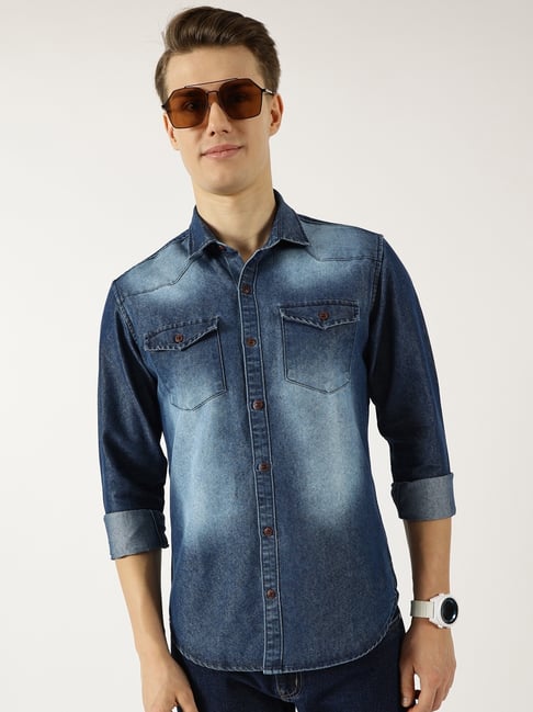 Thomas Scott Dark Blue Slim Fit Solid Denim Casual Shirt