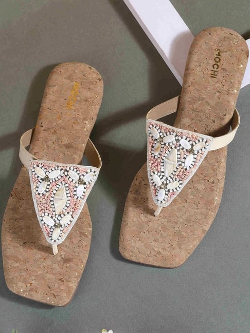 Mochi Women's Beige T-Strap Sandals