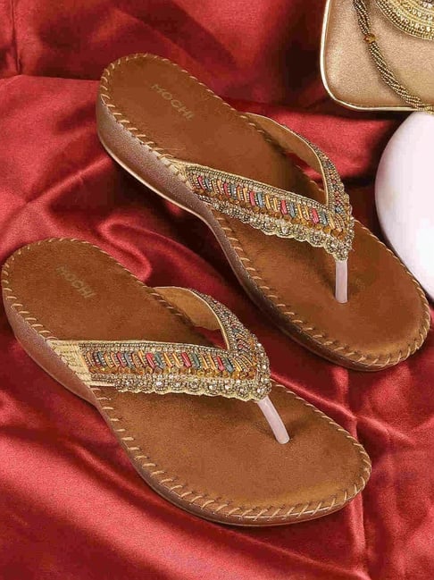 Mochi Women's Antique Gold Thong Wedges-picture-43