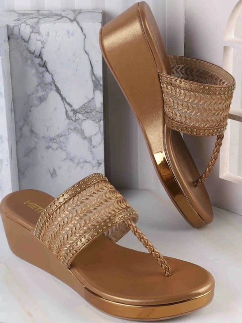 Metro Women's Antique Gold T-Strap Wedges