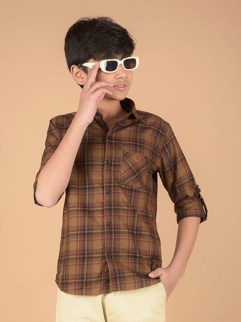 Crimsoune Club Boys Brown Cotton Checks Shirt-picture-34