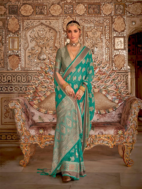 Elora Green Soft Georgette Butta Weaving Banarasi Saree With Unstitched Blouse-picture-11