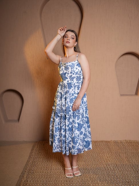 PURVAJA Blue Floral Sleeveless Midi Dress