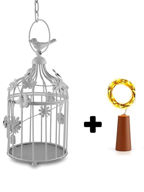 Homesake Modern Style Iron Decorative White Bird Cage with Hanging Chain with Cork String Light