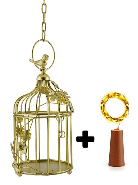 Homesake Modern Style Iron Decorative Golden Bird Cage with Hanging Chain with Cork String Light
