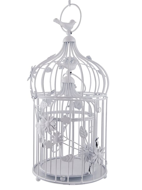 Homesake Set of 2 Iron Decorative White Bird Cage with Hanging Chain & Cork String Light