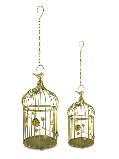 Homesake Set of 2 Iron Decorative Golden Bird Cage with Hanging Chain & Cork String Light