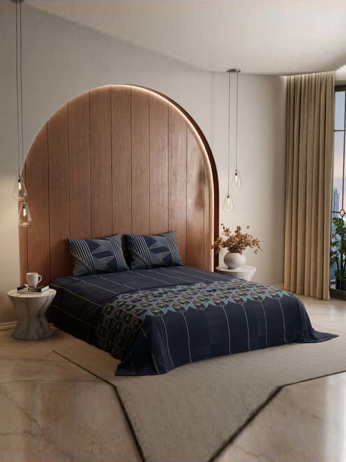 Stoa Paris Lumiere Navy Cotton 240 TC Bed Sheet with 2 Pillow Covers-picture-43