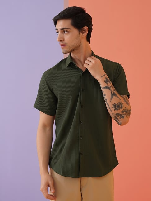 Indian Needle Olive Regular fit Striped Shirt-picture-14
