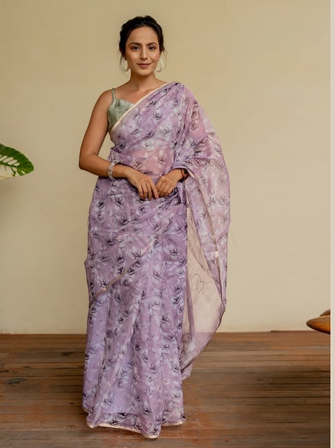 Mirchi Fashion Purple Organza Floral Printed Saree For Women-picture-21