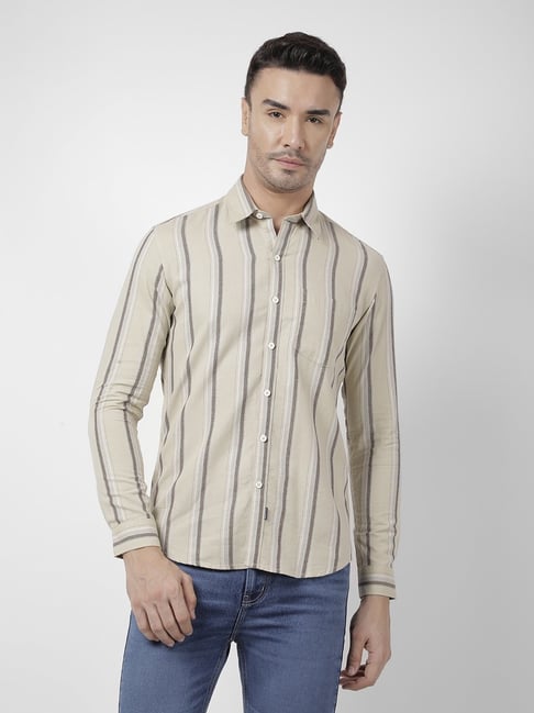 Numero Uno Khaki Cotton Slim Fit Striped Shirt-picture-17
