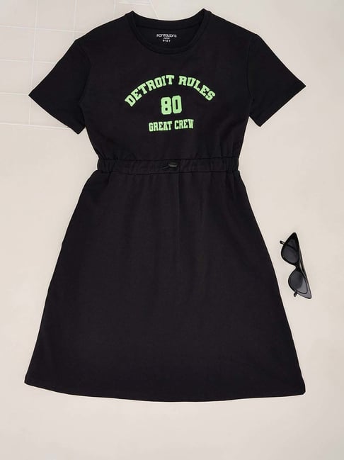 Pantaloons Junior Girls Jet Black Cotton Printed Casual Dresses