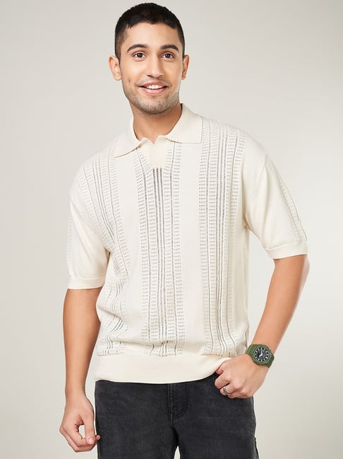 People By Pantaloons Off-White Cotton Regular Fit Textured Polo T-Shirt-picture-19
