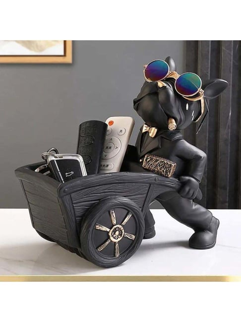 Smokey Cocktail Black Resin Carrying Cart Bulldog Sculpture With Holding Storage-picture-29