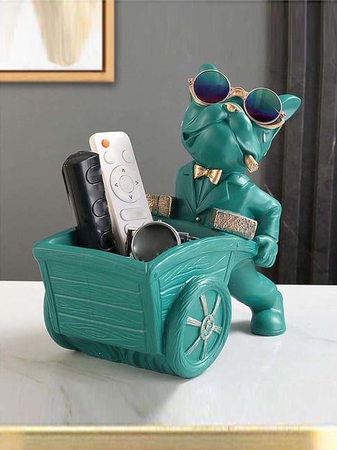 Smokey Cocktail Green Resin Carrying Cart Bulldog Sculpture With Holding Storage-picture-45