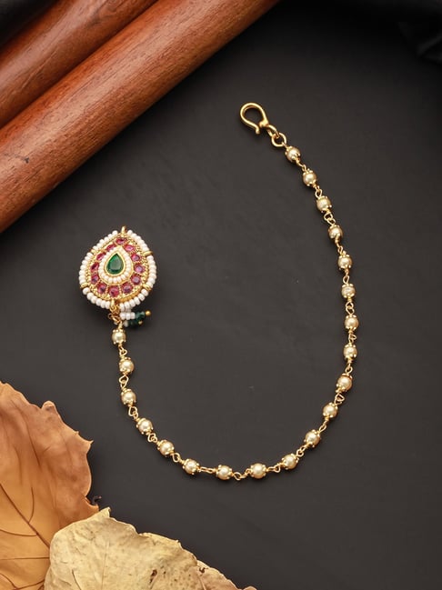 Aatmana Green & White Gold-Plated Kundan Chained Nosepin with Chain
