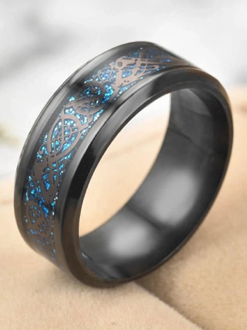 Peora Black Tungsten Carbide Silvering Celtic Dragon Blue Carbon Fibre Band  Finger Ring
