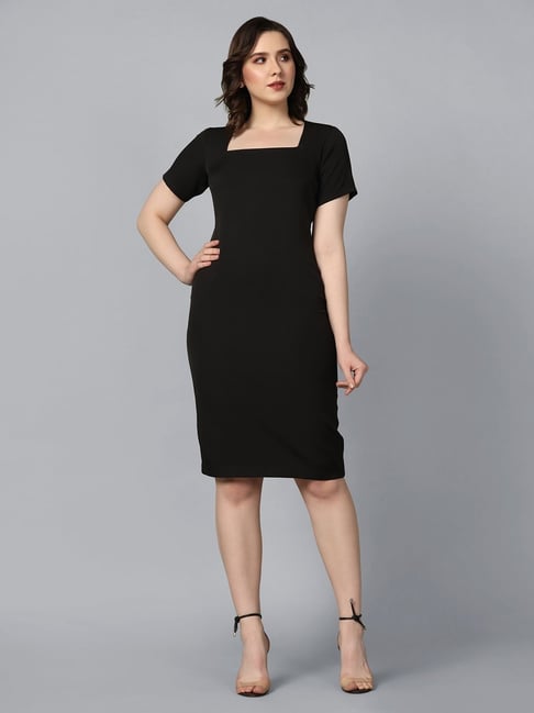 Powersutra Black Solid Short sleeve A Line Dress