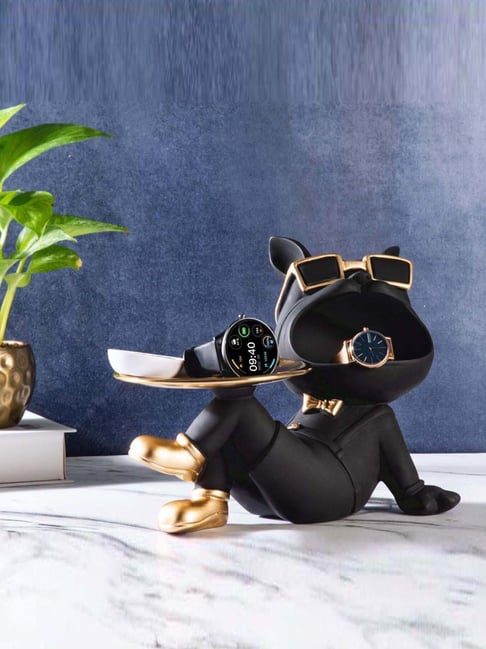 Smokey Cocktail Black Resin French Bulldog With Tray Sculpture-picture-39