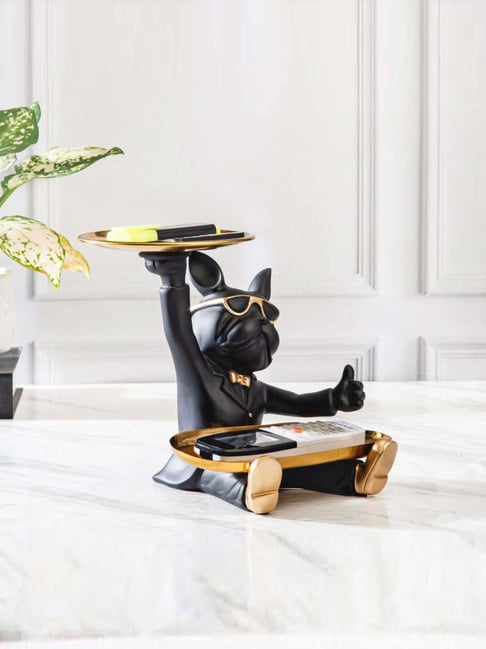 Smokey Cocktail Black Resin French Bulldog With Double Tray Sculpture-picture-27