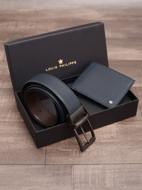 Louis Philippe Navy Formal Leather Bi-Fold Wallet with Belt for Men