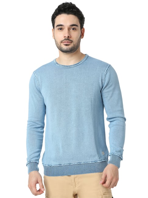 Buy Spykar Blue Cotton Slim Fit Full Sleeves Sweater for Mens