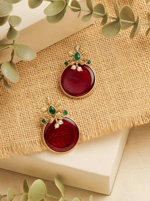 Zaveri Pearls Red Green Stones Embellished Fusion Wear Statement Stud Earring