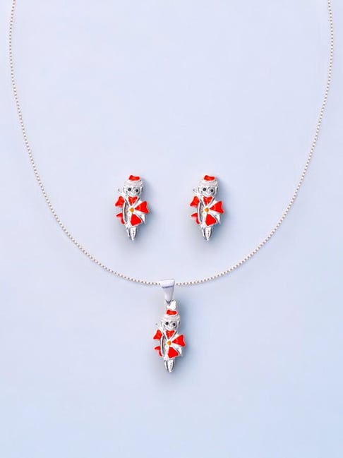 Taraash 925 Sterling Silver Red Enchanted Character Enamel Chain Pendant & Earrings Set for Kids